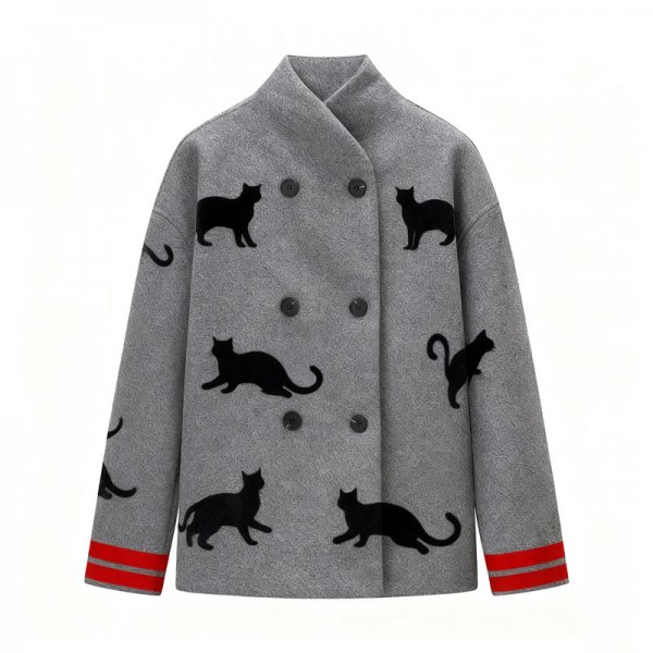 Women's Gray Black Cat Silhouette Mandarin Collar Jacket with Red Stripe Cuffs