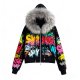 Women's Colorful Graffiti Letter Print Faux Fur Hooded Jacket