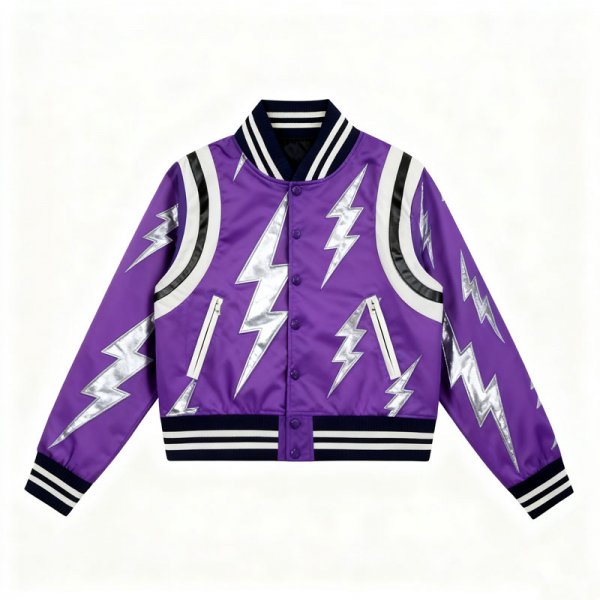 Women's Purple & Silver Lightning Print Varsity Jacket