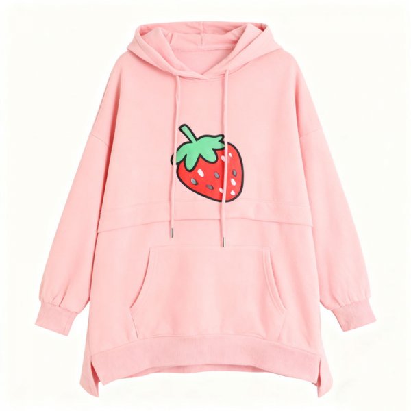 Women's Pink Cute Strawberry Print Hoodie with Side Slits