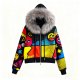 Women's Bold Comic Emoji Print Faux Fur Hooded Jacket