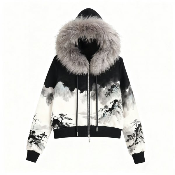 Women's Chinese Ink Landscape Print Faux Fur Hooded Jacket