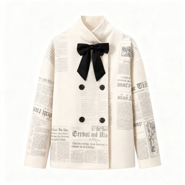 Women's Newspaper Print Mandarin Collar Jacket with Black Bow Accent