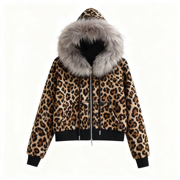 Women's Leopard Print Faux Fur Hooded Jacket