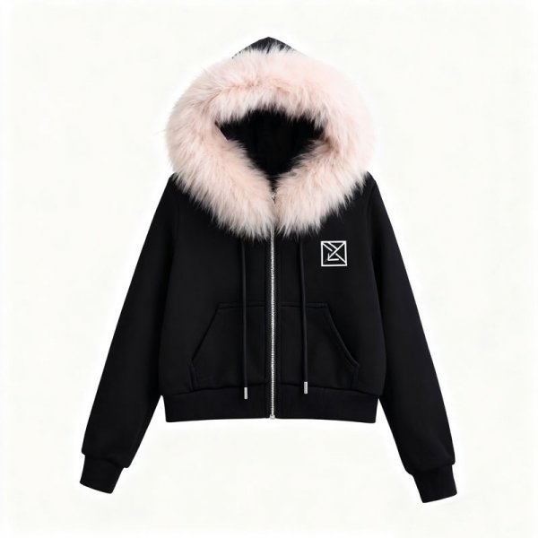 Women's Black Hooded Jacket with Pink Faux Fur Collar & Geometric Logo