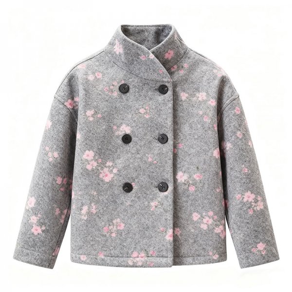 Women's Gray Ditsy Cherry Blossom Print Mandarin Collar Jacket