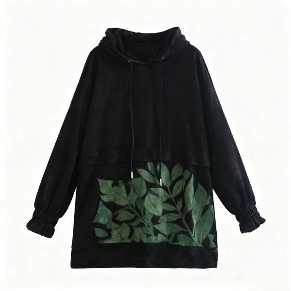 Women's Black Velvet Hoodie with Green Leaf Patchwork