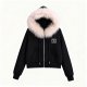 Women's Black Hooded Jacket with Pink Faux Fur Collar & Geometric Logo