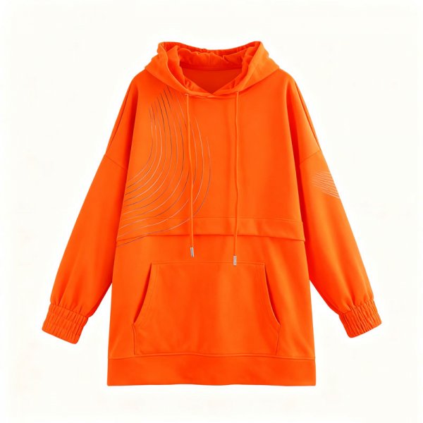 Women's Orange Oversized Hoodie with Silver Curved Line Print