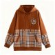 Women's Brown & Plaid Patchwork Hoodie with Crest Emblem