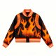Women's Black & Orange Flame Print Leather Patchwork Varsity Jacket