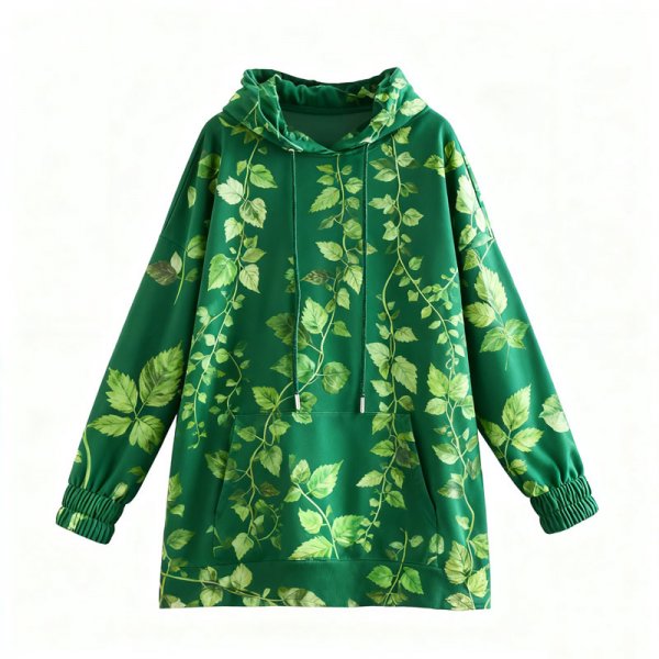 Women's Green Leaf Print Oversized Hoodie