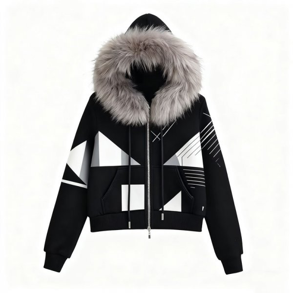 Women's Black & White Geometric Panel Faux Fur Hooded Jacket
