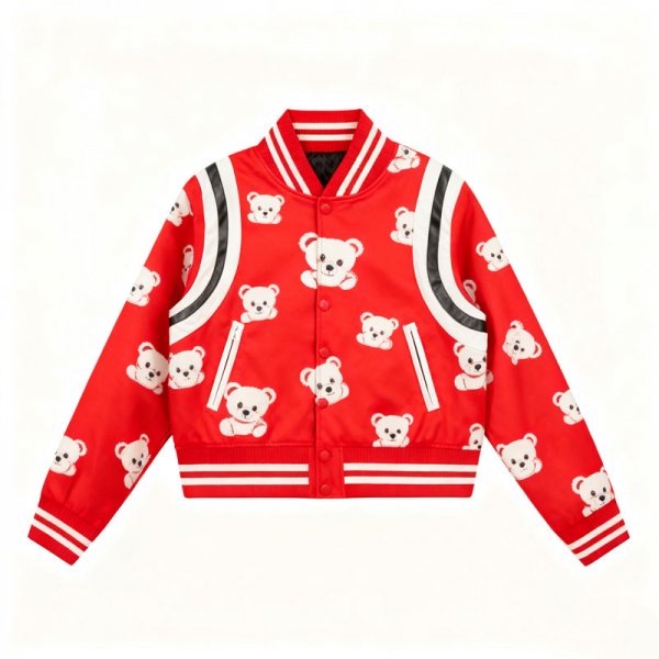 Women's Red Cute Bear Print Satin Varsity Jacket