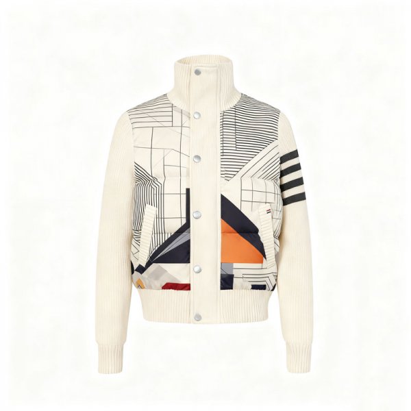 Women's Cream Geometric Line Quilted Bomber Jacket