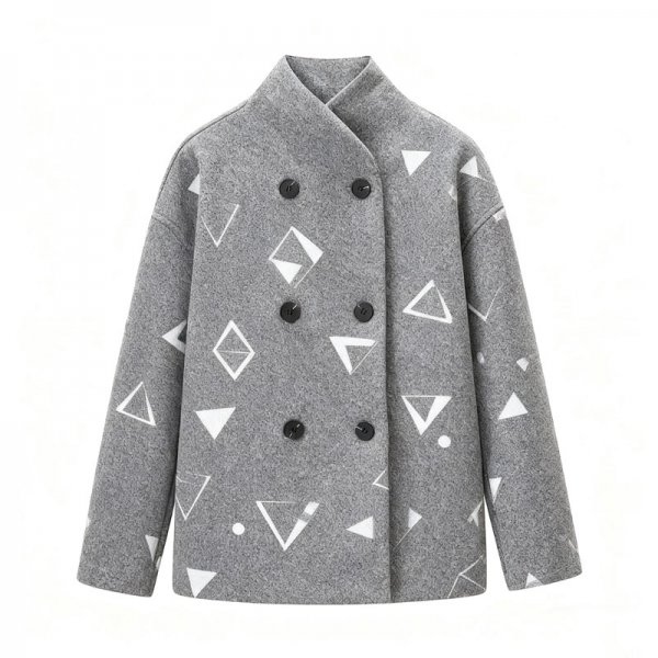 Women's Gray Geometric Pattern Mandarin Collar Jacket
