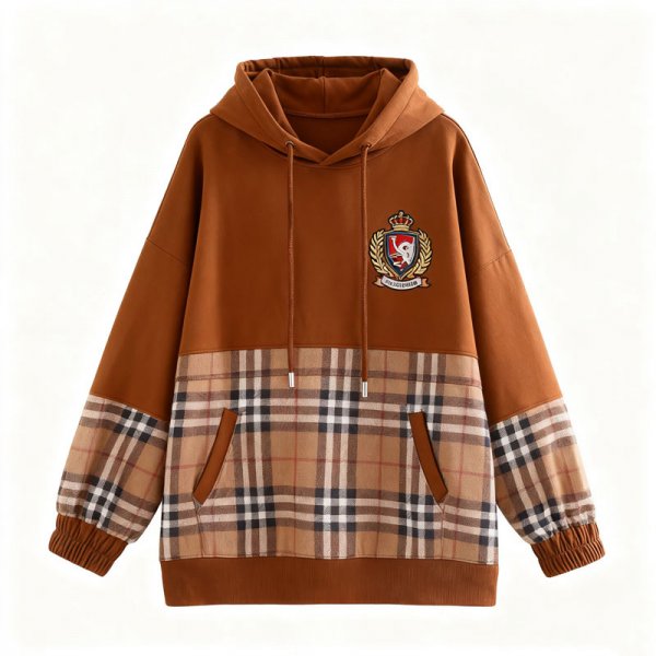 Women's Brown & Plaid Patchwork Hoodie with Crest Emblem
