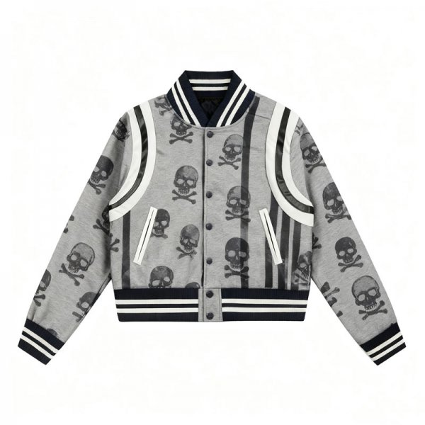 Women's Gray Skull & Crossbones Print Varsity Jacket